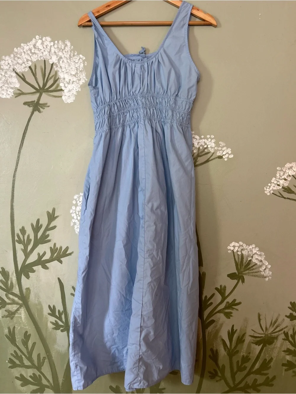 Light Blue Peasant Maxi Dress with Smocked Waist and pockets